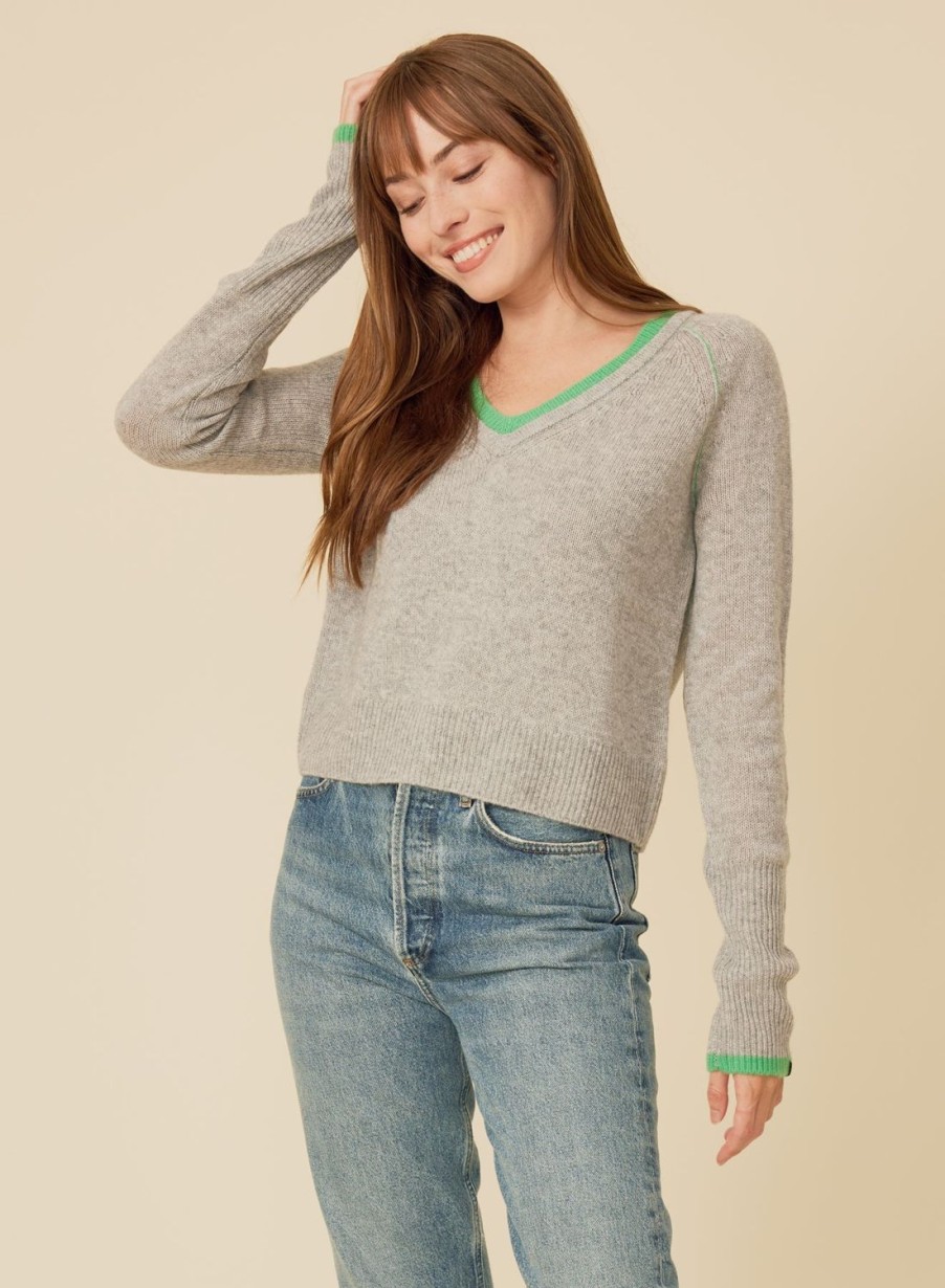 One Grey Day Blakely Cashmere Vneck - Heather Grey Combo | Pullovers