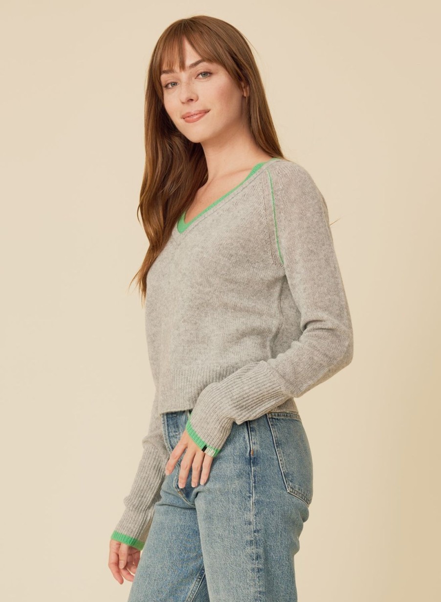 One Grey Day Blakely Cashmere Vneck - Heather Grey Combo | Pullovers