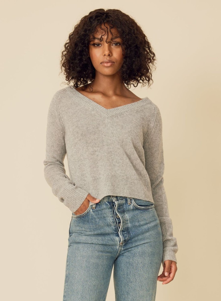 One Grey Day Blakely Cashmere Vneck - Heather Grey | Pullovers