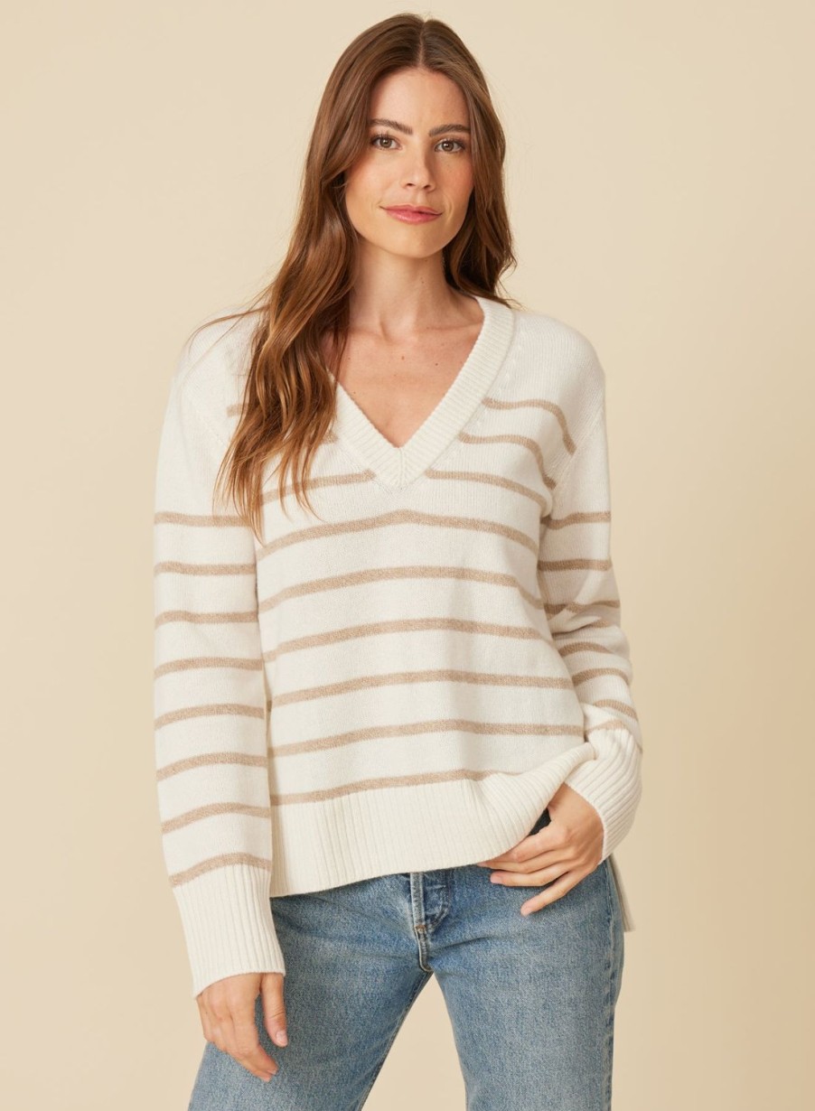 One Grey Day Marin Cashmere Vneck - Snow Combo | Pullovers