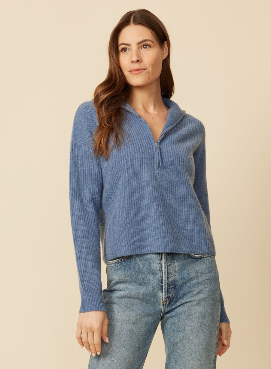 One Grey Day Willow Cashmere Quarter Zip - Cerulean | Pullovers