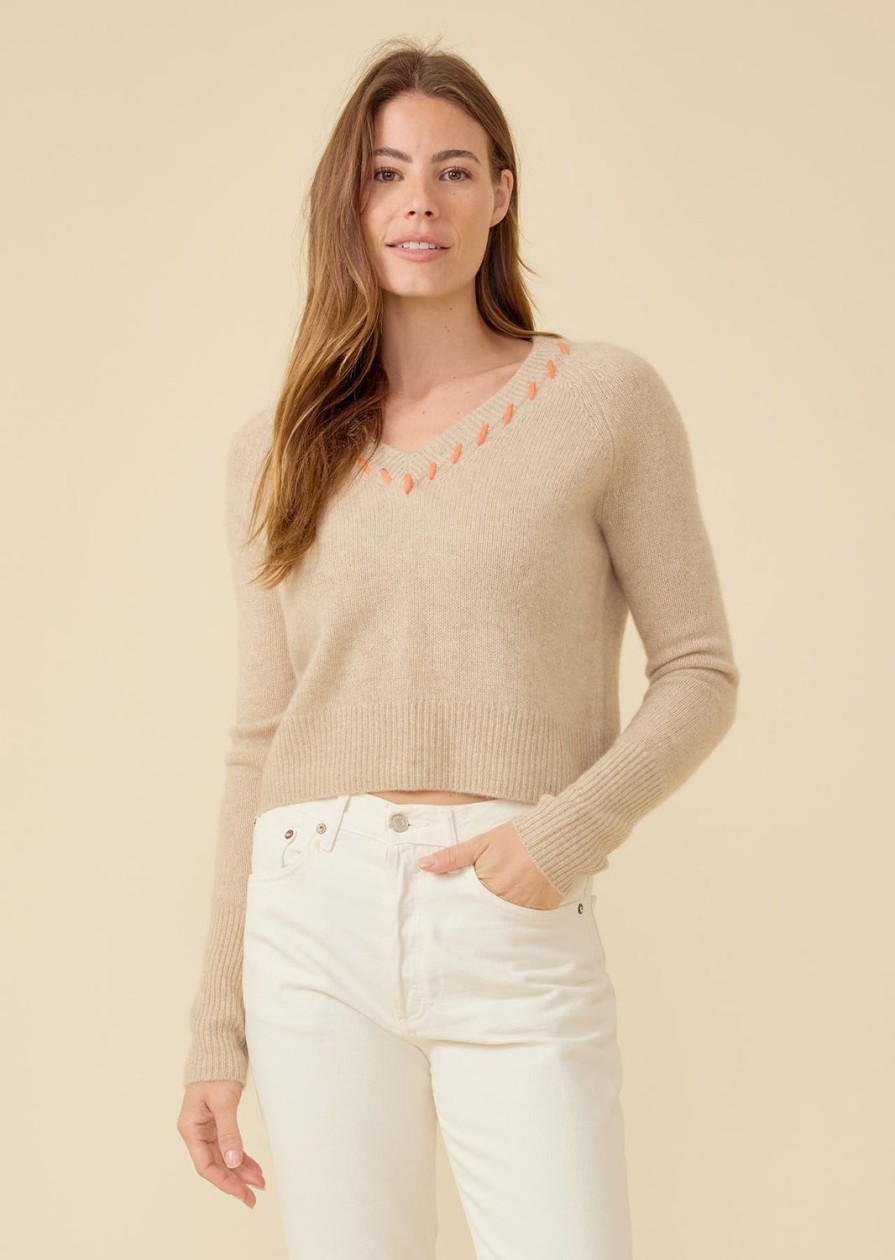 One Grey Day Blakely Cashmere Trim Vneck - Oatmeal Combo | Pullovers