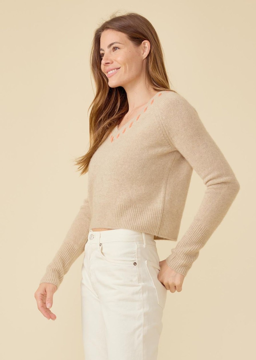 One Grey Day Blakely Cashmere Trim Vneck - Oatmeal Combo | Pullovers